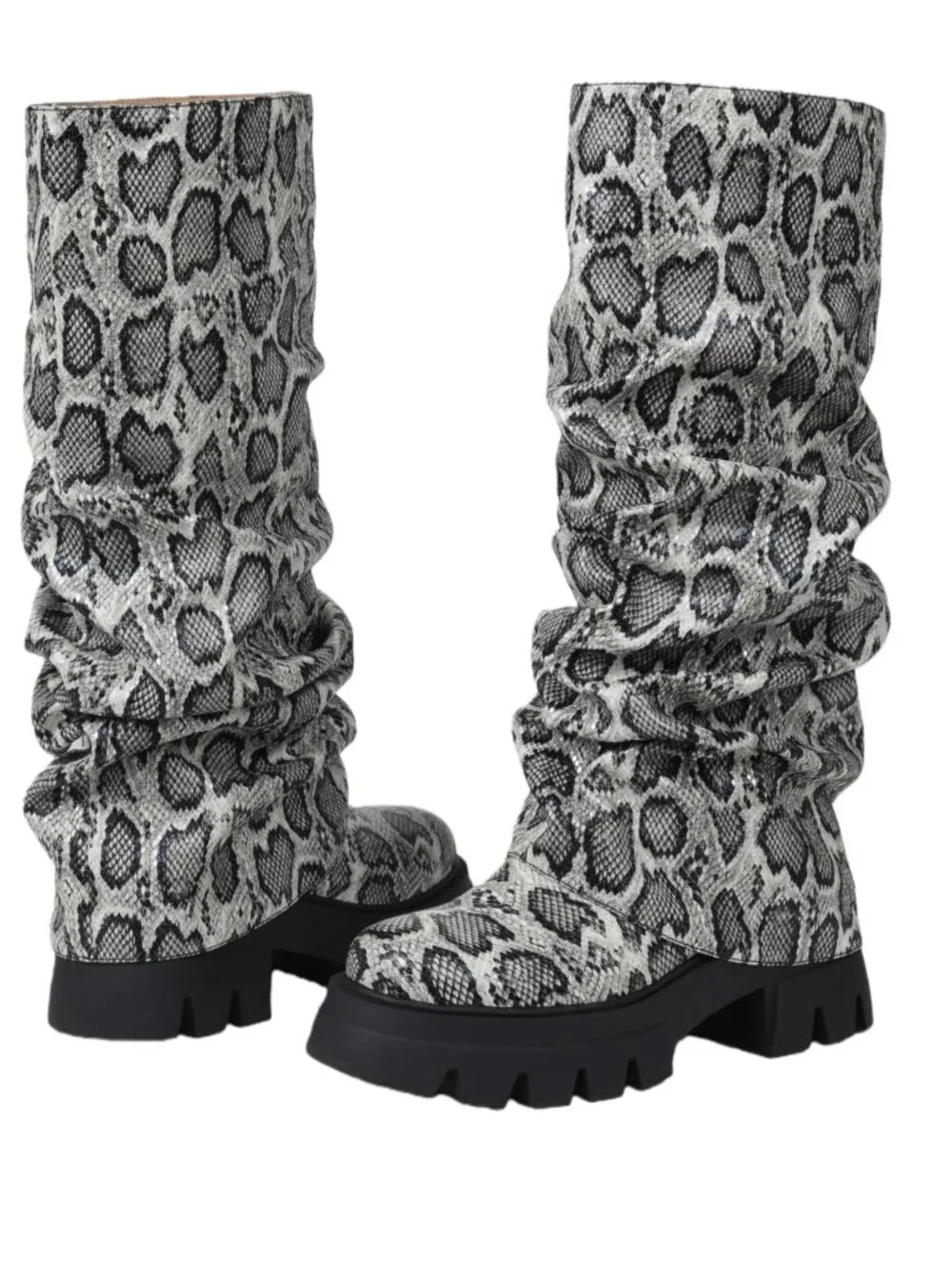 Snakeskin Women's Platform Slouchy Knee High Slip-On Boots